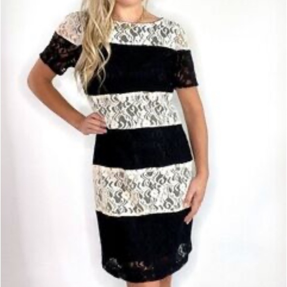 TAYLOR black and ivory lace, short sleeve fitted dress size 6 - Picture 2 of 8